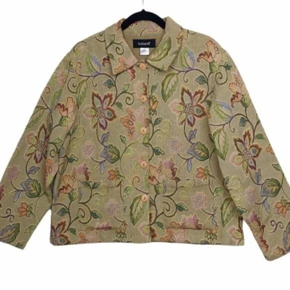 Natural Tan Floral Tapestry Cotton Jacket Large